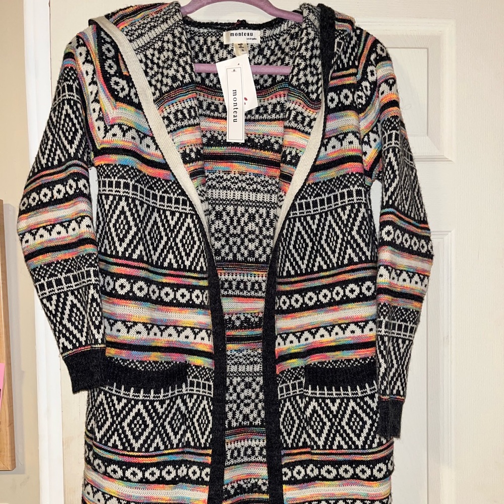 Colorful hooded long cardigan in small brand new with tags